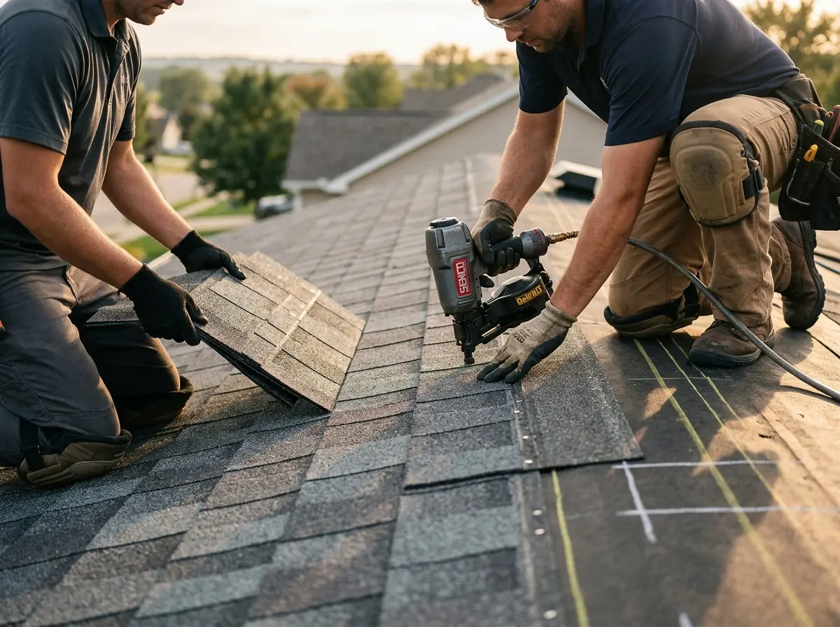 Professional roofer working on a residential roof in Leesville